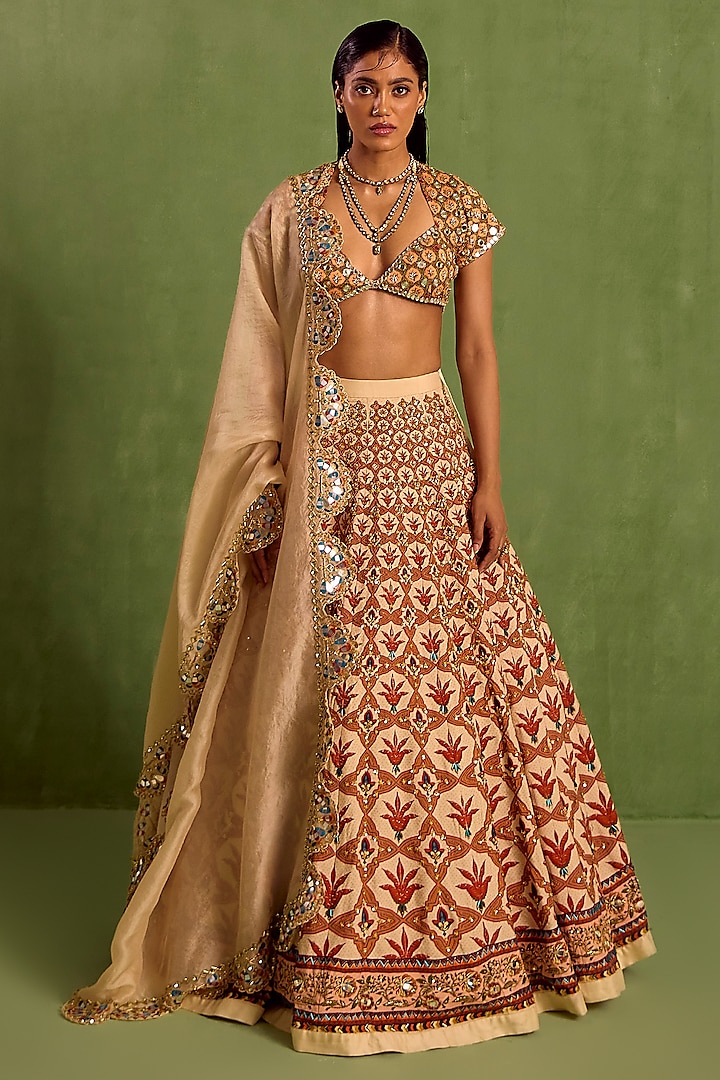 Almond Color Viscose Raw Silk Digital Printed & Hand Embroidered Wedding Lehenga Set by Neha khullar at Pernia's Pop Up Shop