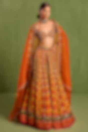 Rust Viscose Raw Silk Digital Printed & Hand Embroidered Wedding Lehenga Set by Neha khullar at Pernia's Pop Up Shop