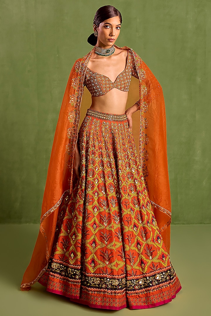 Rust Viscose Raw Silk Digital Printed & Hand Embroidered Wedding Lehenga Set by Neha khullar at Pernia's Pop Up Shop