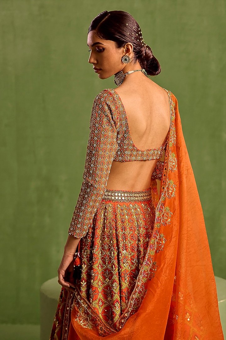 Rust Viscose Raw Silk Digital Printed & Hand Embroidered Wedding Lehenga Set by Neha khullar at Pernia's Pop Up Shop