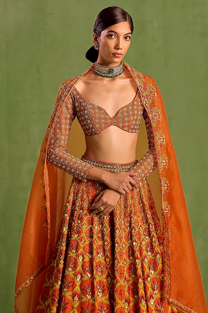 Rust Viscose Raw Silk Digital Printed & Hand Embroidered Wedding Lehenga Set by Neha khullar at Pernia's Pop Up Shop