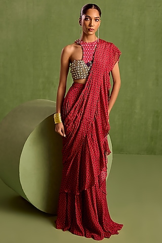 Fuchsia Viscose Chinon Digital Printed & Embroidered Pre-Draped Saree Set by Neha khullar
