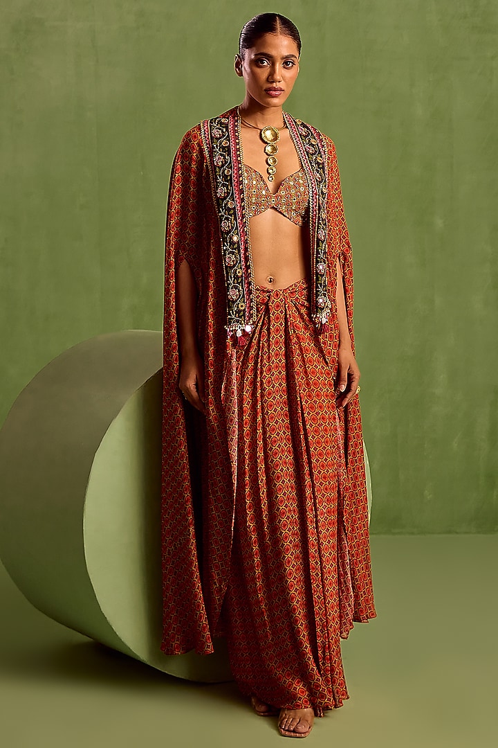 Rust Viscose Chinon Digital Printed Draped Skirt Set by Neha khullar