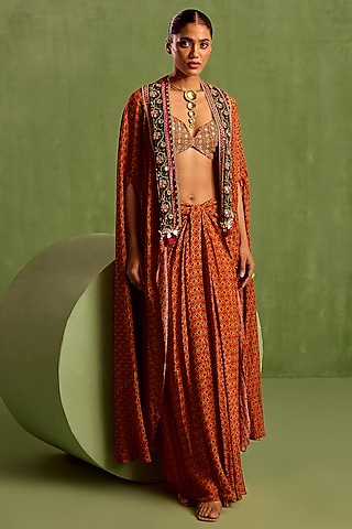 Rust Viscose Chinon Digital Printed Draped Skirt Set by Neha khullar