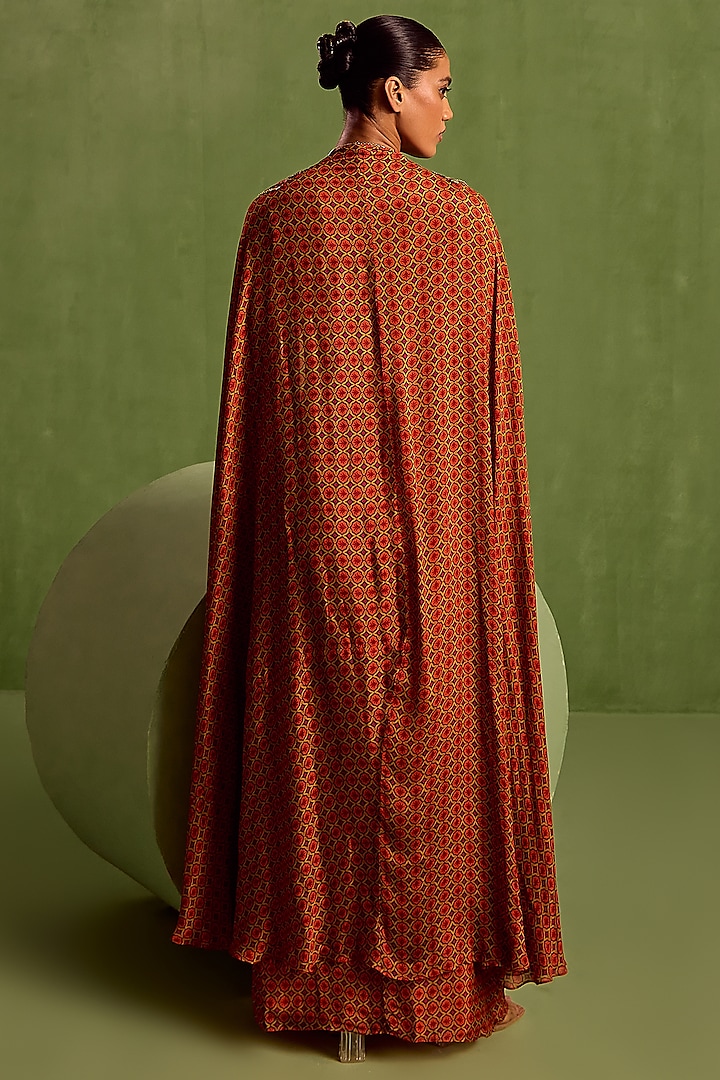 Rust Viscose Chinon Digital Printed Draped Skirt Set by Neha khullar at Pernia's Pop Up Shop