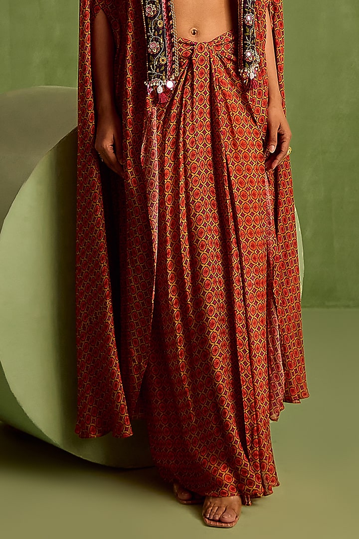Rust Viscose Chinon Digital Printed Draped Skirt Set by Neha khullar at Pernia's Pop Up Shop