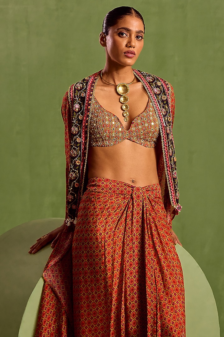 Rust Viscose Chinon Digital Printed Draped Skirt Set by Neha khullar at Pernia's Pop Up Shop