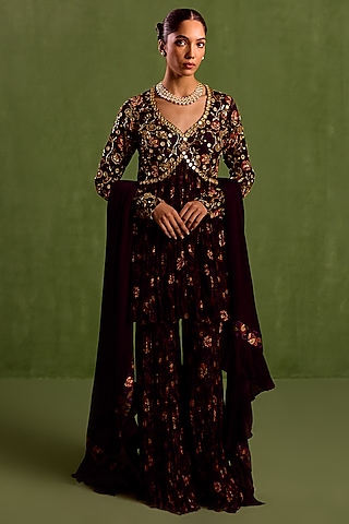 Purple Viscose Chinon Digital Printed Gharara Set by Neha khullar