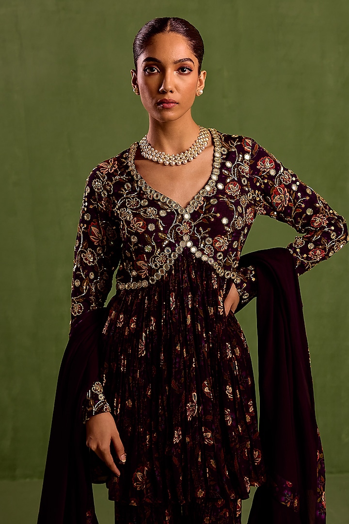 Purple Viscose Chinon Digital Printed Gharara Set by Neha khullar at Pernia's Pop Up Shop