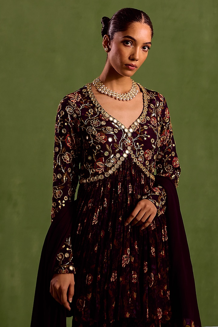 Purple Viscose Chinon Digital Printed Gharara Set by Neha khullar at Pernia's Pop Up Shop
