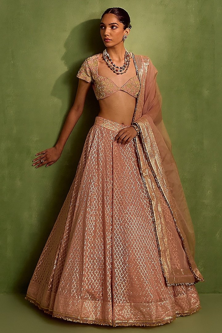 Peach Banarasi Chanderi & Chanderi Silk Dori Embroidered Wedding Lehenga Set by Neha khullar at Pernia's Pop Up Shop