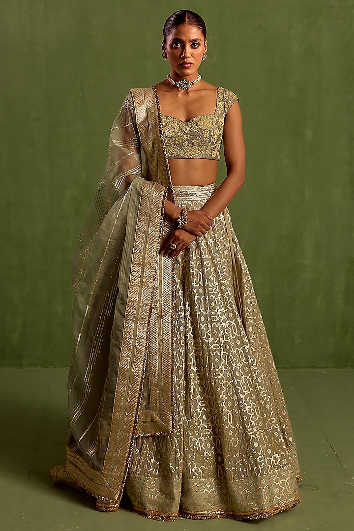 Mint Green Banarasi Chanderi & Chanderi Silk Dori Embroidered Wedding Lehenga Set by Neha khullar at Pernia's Pop Up Shop