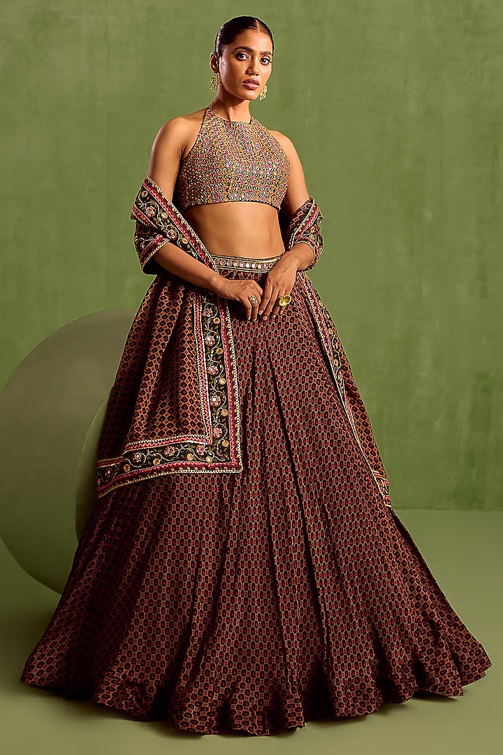 Black Viscose Chinon Digital Printed Wedding Lehenga Set by Neha khullar at Pernia's Pop Up Shop