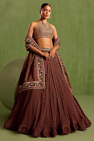Black Viscose Chinon Digital Printed Lehenga Set by Neha khullar