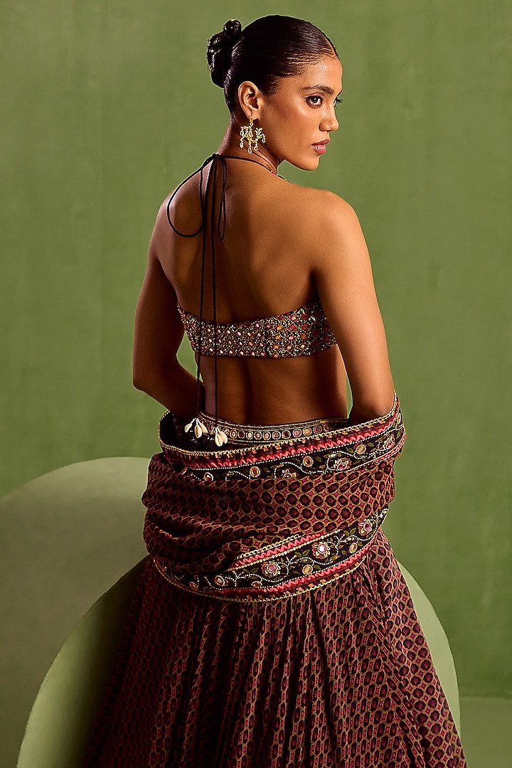 Black Viscose Chinon Digital Printed Wedding Lehenga Set by Neha khullar at Pernia's Pop Up Shop