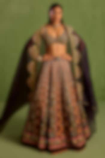 Black Viscose Raw Silk Digital Printed & Hand Embroidered Wedding Lehenga Set by Neha khullar at Pernia's Pop Up Shop