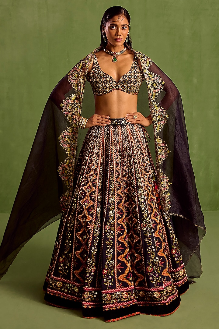 Black Viscose Raw Silk Digital Printed & Hand Embroidered Wedding Lehenga Set by Neha khullar at Pernia's Pop Up Shop