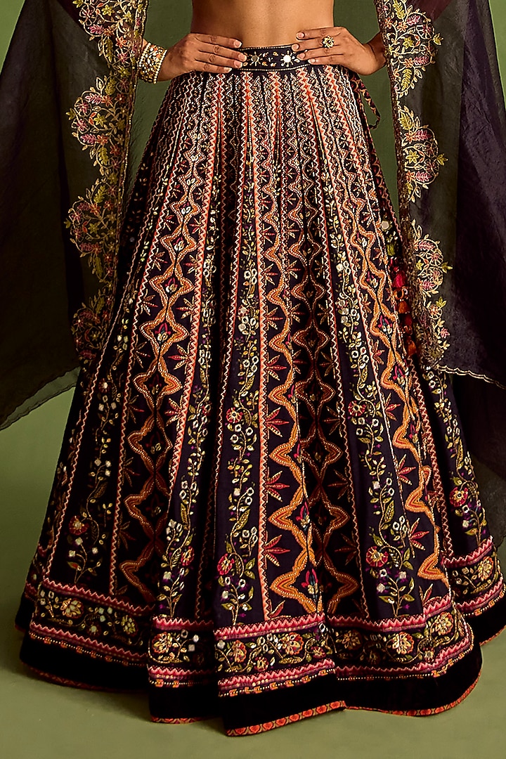 Black Viscose Raw Silk Digital Printed & Hand Embroidered Wedding Lehenga Set by Neha khullar at Pernia's Pop Up Shop