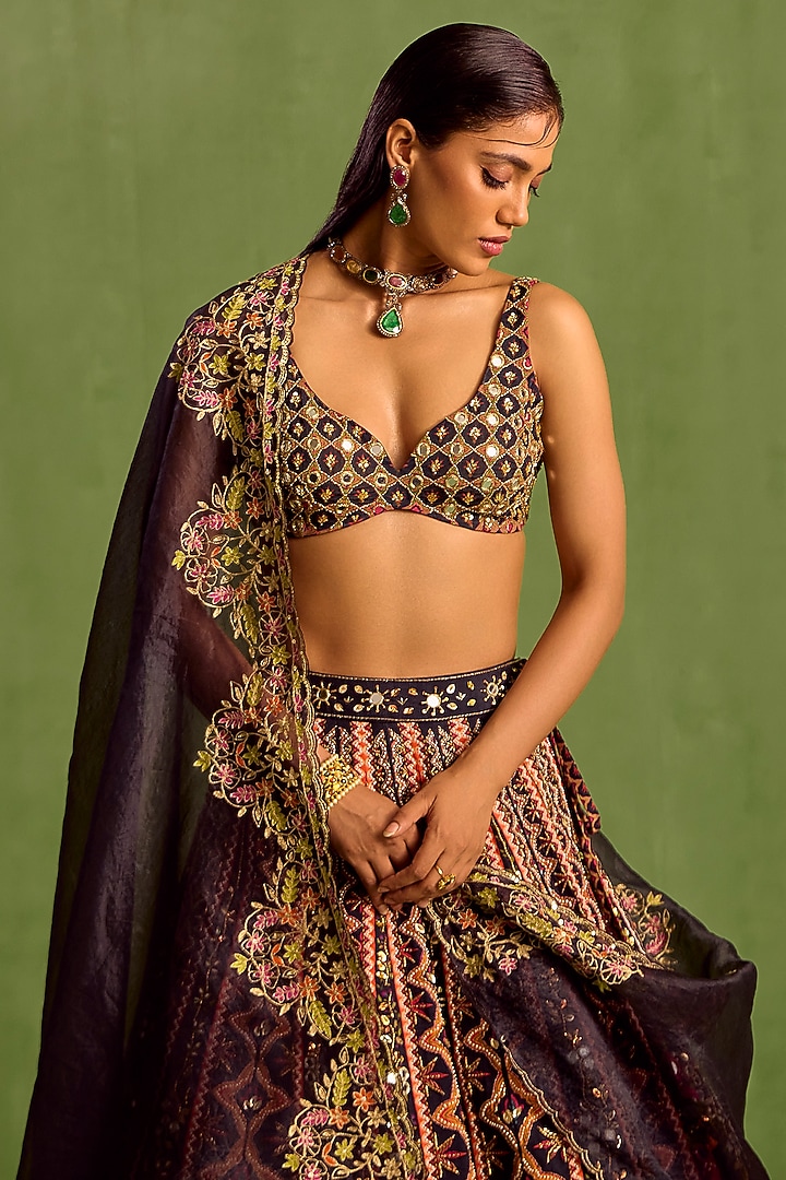 Black Viscose Raw Silk Digital Printed & Hand Embroidered Wedding Lehenga Set by Neha khullar at Pernia's Pop Up Shop