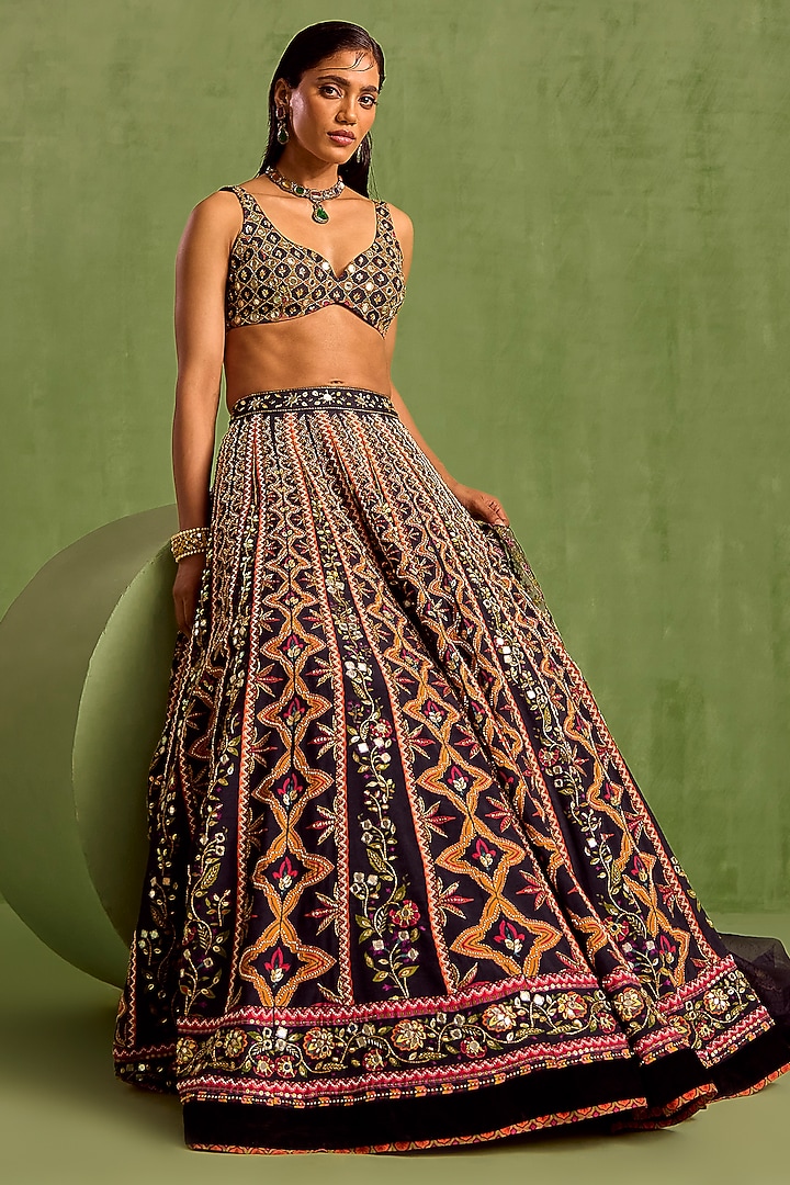 Black Viscose Raw Silk Digital Printed & Hand Embroidered Wedding Lehenga Set by Neha khullar at Pernia's Pop Up Shop