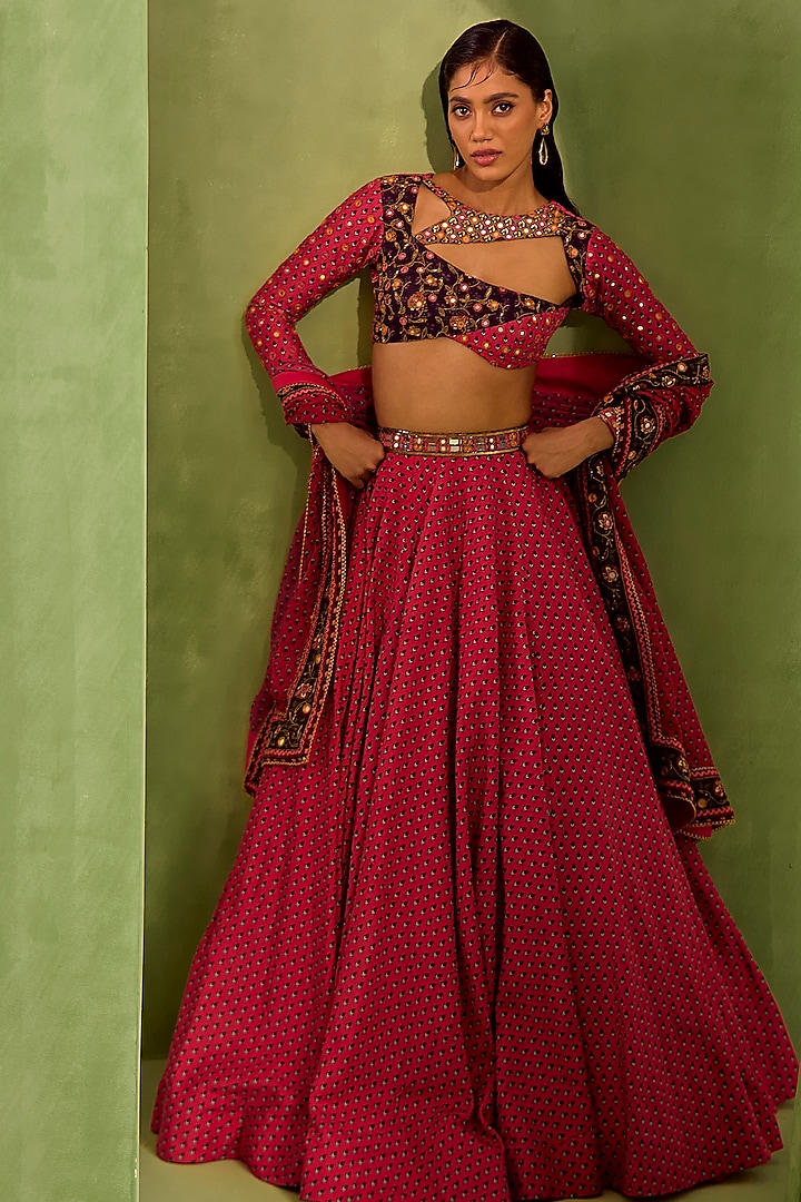 Fuchsia Viscose Raw Silk Digital Printed & Zari Hand Embroidered Wedding Lehenga Set by Neha khullar at Pernia's Pop Up Shop