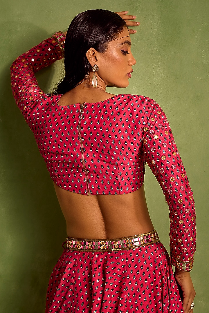 Fuchsia Viscose Raw Silk Digital Printed & Zari Hand Embroidered Wedding Lehenga Set by Neha khullar at Pernia's Pop Up Shop