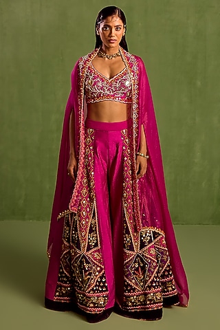 Fuchsia Viscose Raw Silk Digital Printed & Dabka Hand Embroidered Sharara Set by Neha khullar