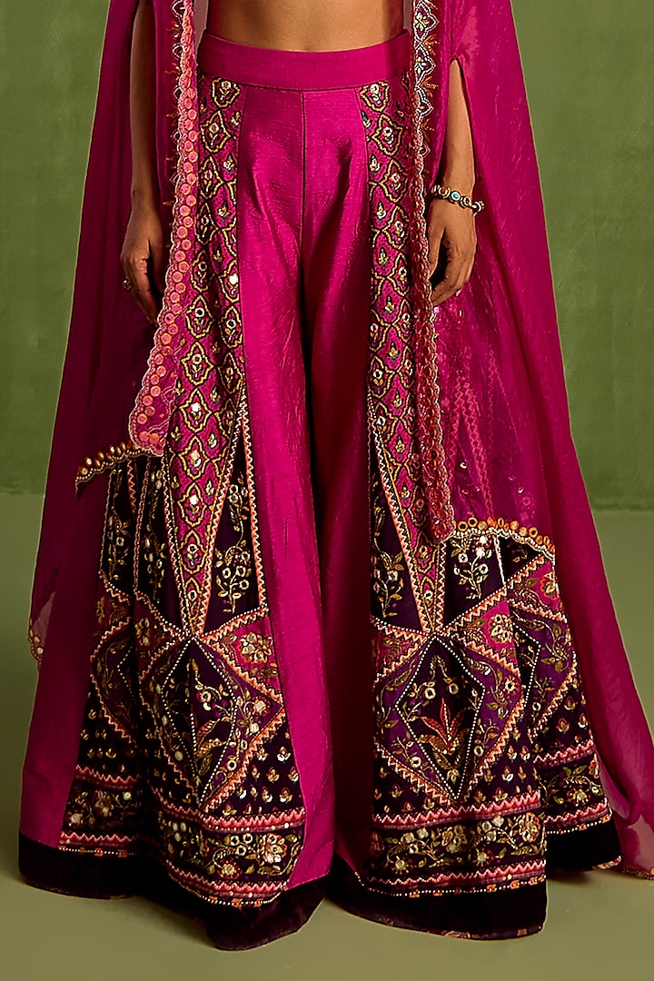 Fuchsia Viscose Raw Silk Digital Printed & Dabka Hand Embroidered Wedding Sharara Set by Neha khullar at Pernia's Pop Up Shop