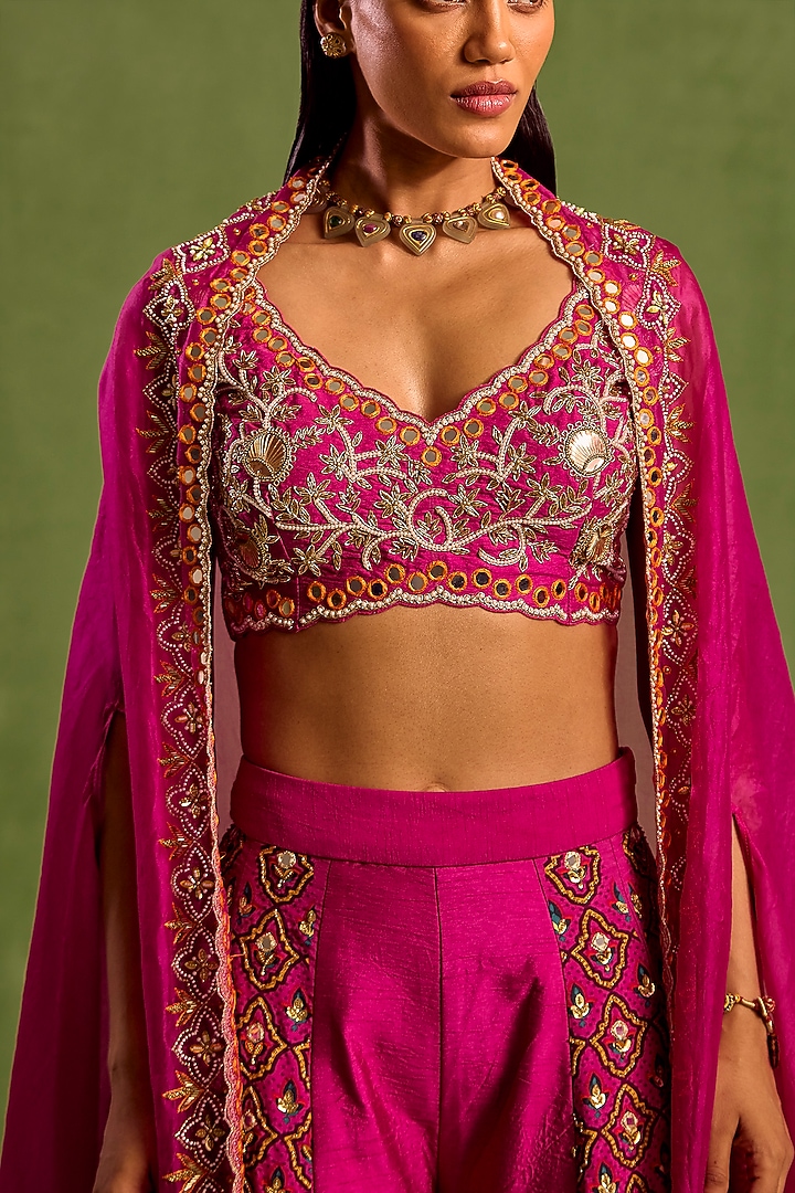 Fuchsia Viscose Raw Silk Digital Printed & Dabka Hand Embroidered Wedding Sharara Set by Neha khullar at Pernia's Pop Up Shop