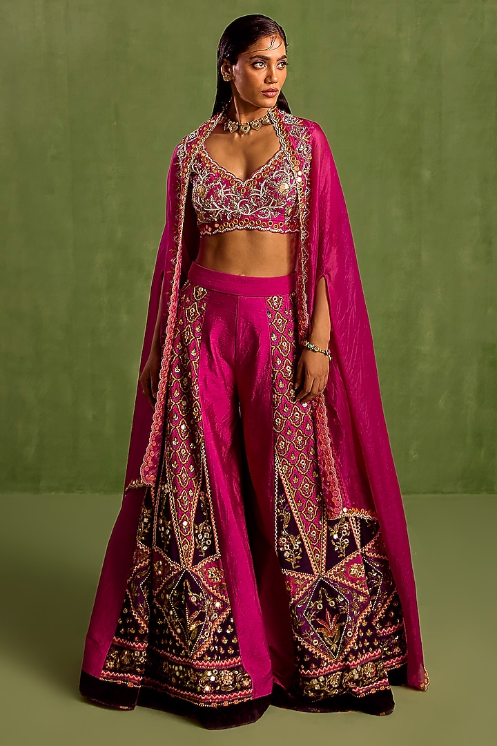 Fuchsia Viscose Raw Silk Digital Printed & Dabka Hand Embroidered Wedding Sharara Set by Neha khullar at Pernia's Pop Up Shop