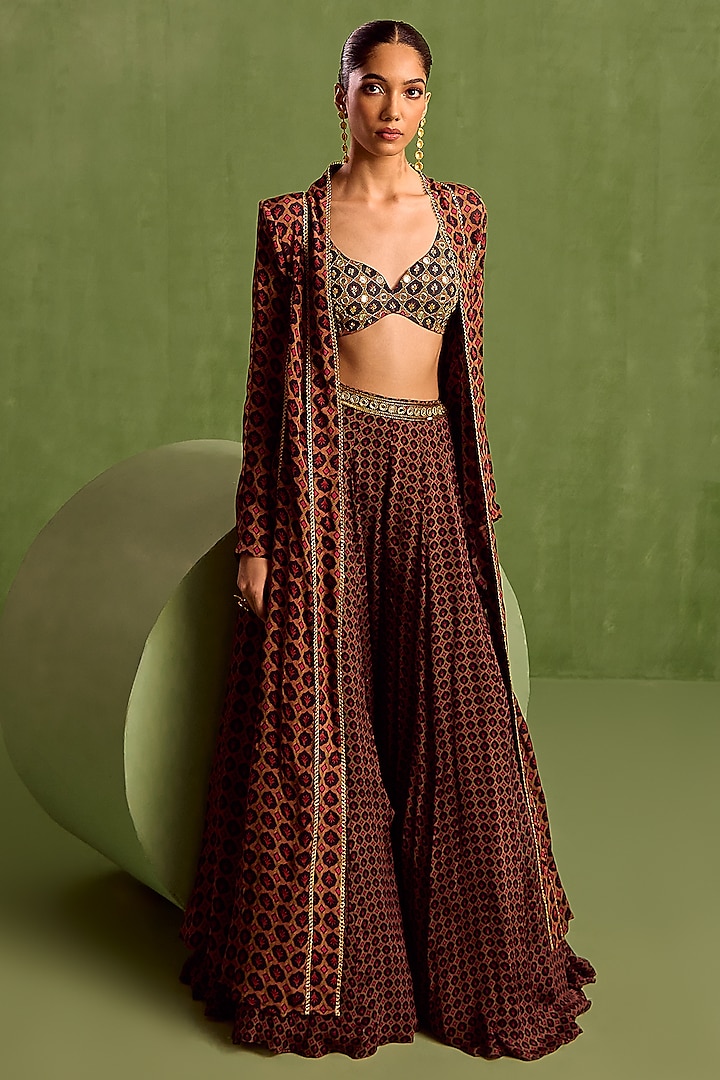 Black Viscose Chinon Digital Printed & Zari Embroidered Jacket Set by Neha khullar at Pernia's Pop Up Shop