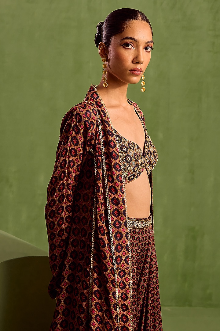 Black Viscose Chinon Digital Printed & Zari Embroidered Jacket Set by Neha khullar at Pernia's Pop Up Shop
