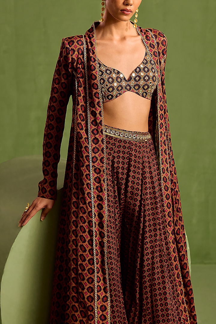 Black Viscose Chinon Digital Printed & Zari Embroidered Jacket Set by Neha khullar at Pernia's Pop Up Shop