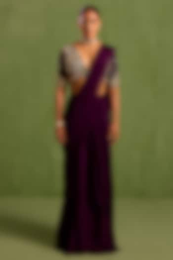 Purple Viscose Chinon Pre-Draped Saree Set by Neha khullar at Pernia's Pop Up Shop