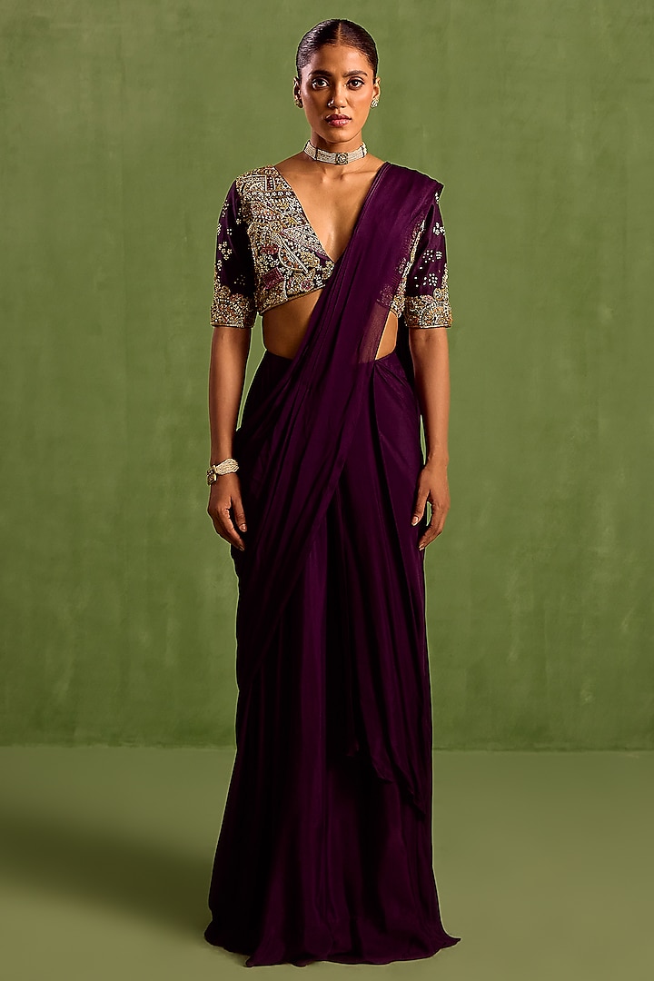 Purple Viscose Chinon Pre-Draped Saree Set by Neha khullar at Pernia's Pop Up Shop