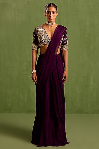 Purple Viscose Chinon Pre-Draped Saree Set by Neha khullar