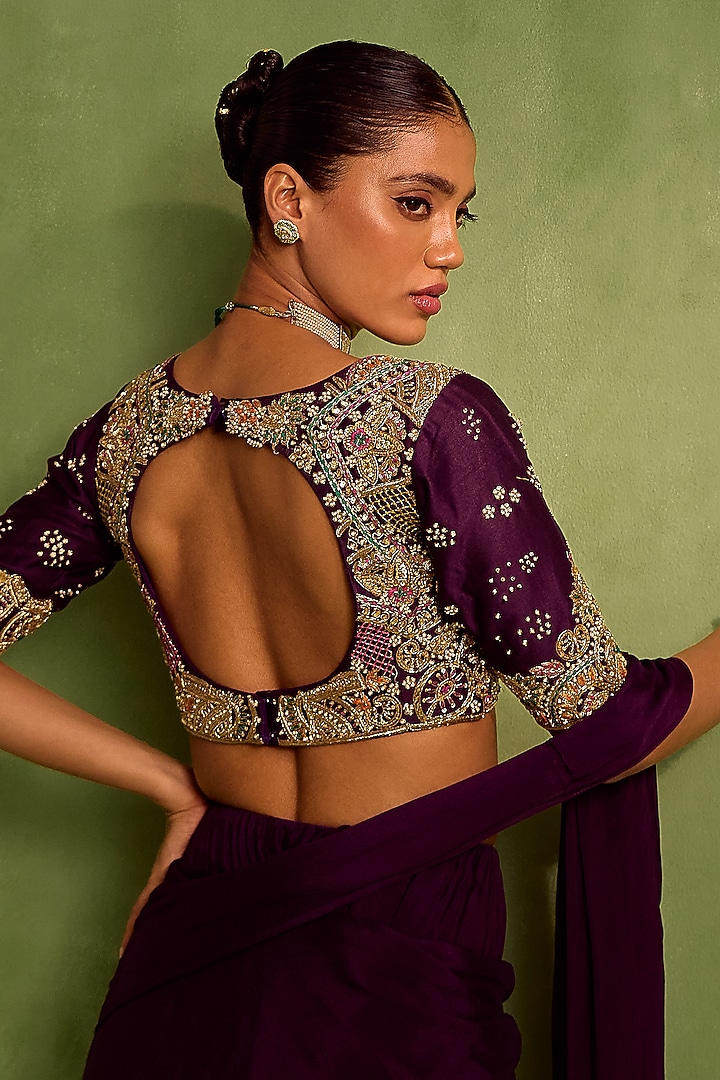 Purple Viscose Chinon Pre-Draped Wedding Saree Set by Neha khullar at Pernia's Pop Up Shop