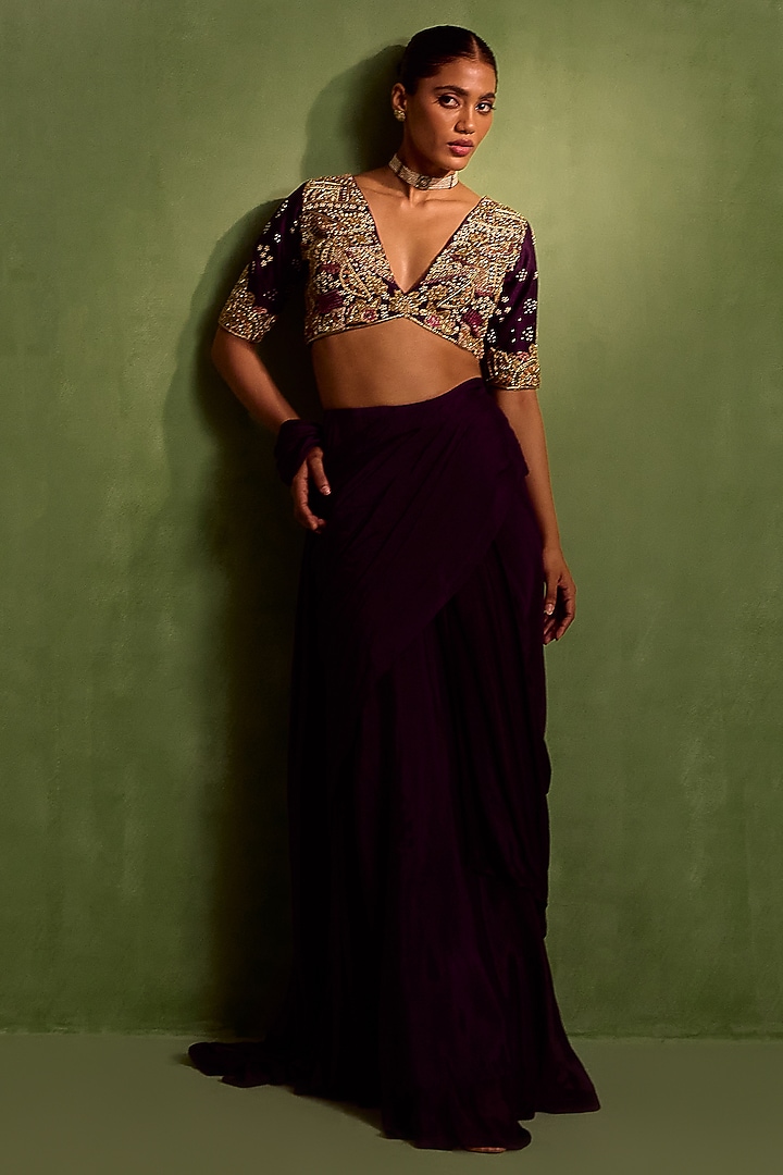 Viscose Chinnon Saree x Weaved Patterns - Purple
