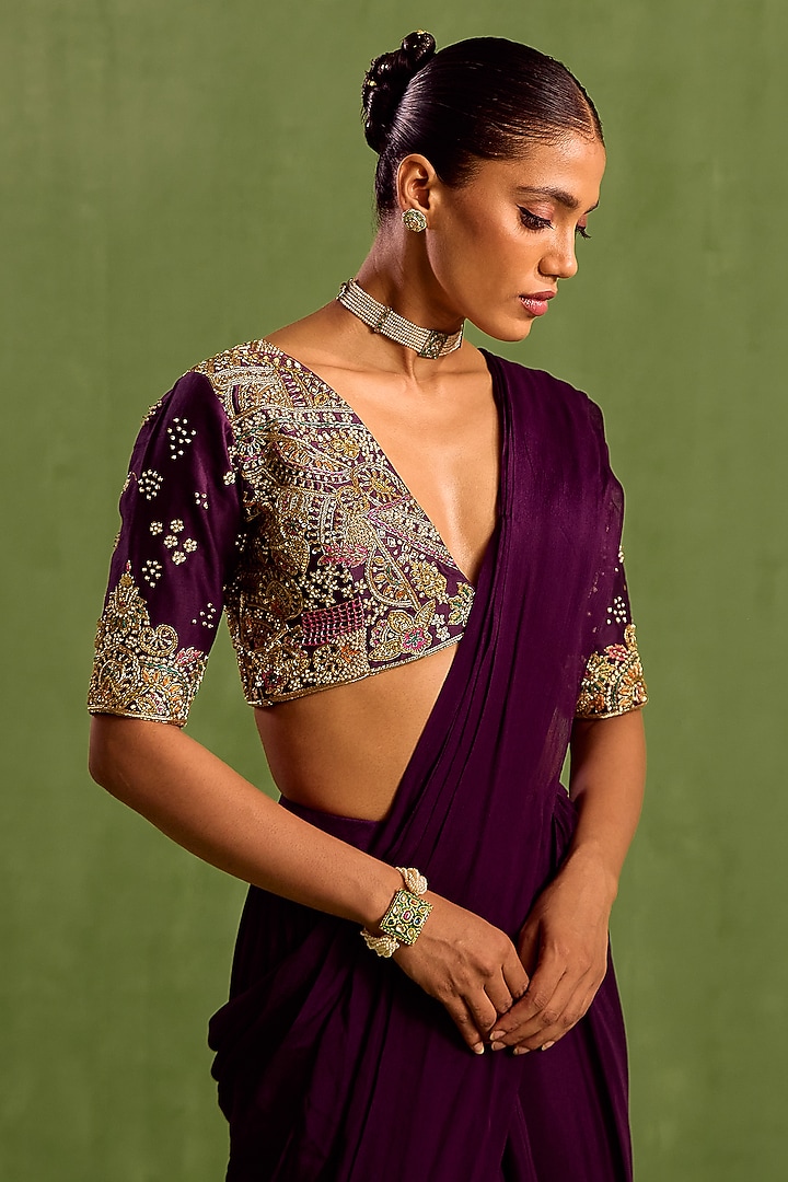 Purple Viscose Chinon Pre-Draped Wedding Saree Set by Neha khullar at Pernia's Pop Up Shop