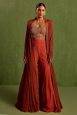 Rust Viscose Chinon Digital Printed Jacket Set by Neha khullar