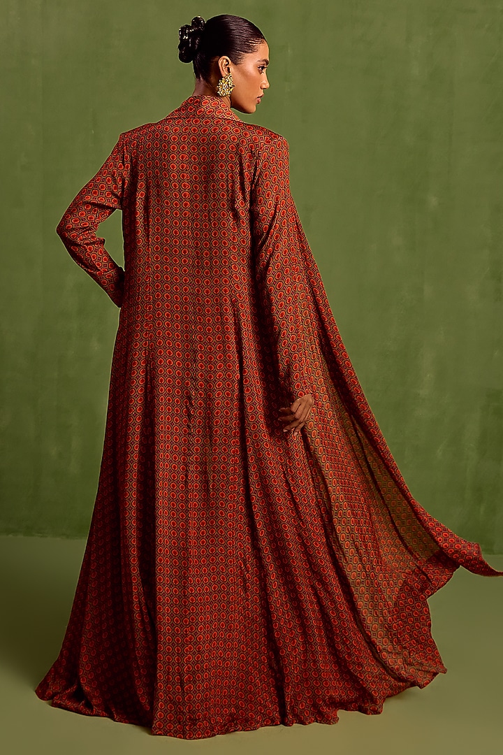 Rust Viscose Chinon Digital Printed Jacket Set by Neha khullar at Pernia's Pop Up Shop