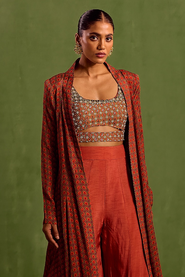 Rust Viscose Chinon Digital Printed Jacket Set by Neha khullar at Pernia's Pop Up Shop