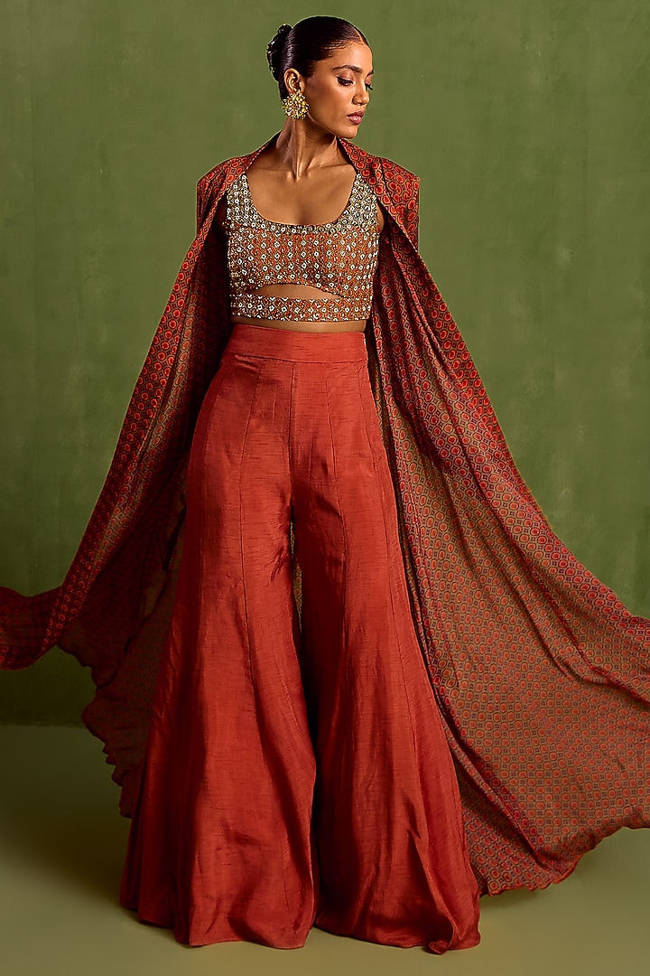 Rust Viscose Chinon Digital Printed Jacket Set by Neha khullar at Pernia's Pop Up Shop