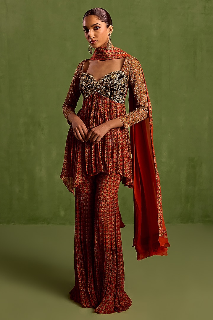 Rust Viscose Chinon Digital Printed Gharara Set by Neha khullar at Pernia's Pop Up Shop