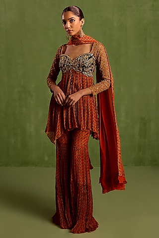 Rust Viscose Chinon Digital Printed Gharara Set by Neha khullar