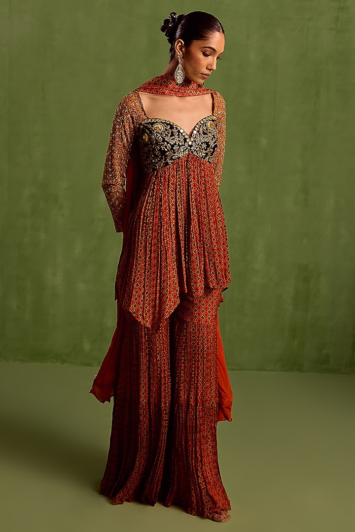 Rust Viscose Chinon Digital Printed Gharara Set by Neha khullar at Pernia's Pop Up Shop