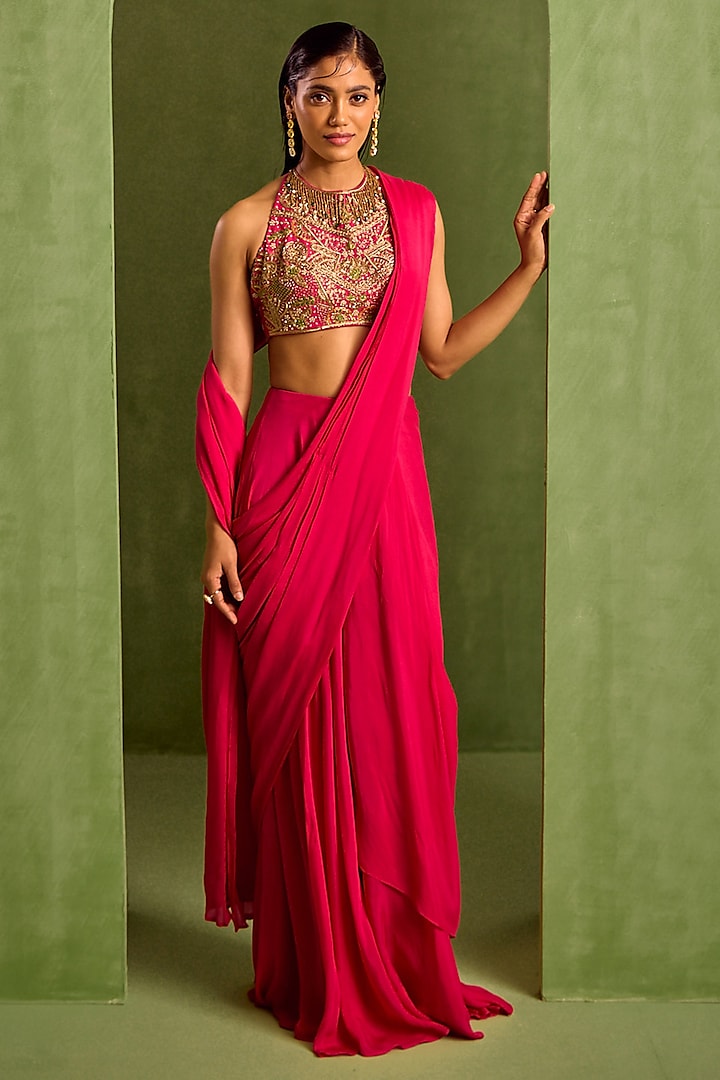 Fuchsia Viscose Chinon Pre-Draped Saree Set by Neha Khullar at Pernia's Pop Up Shop