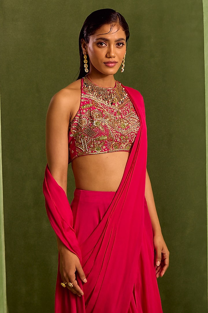 Fuchsia Viscose Chinon Pre-Draped Wedding Saree Set by Neha Khullar at Pernia's Pop Up Shop