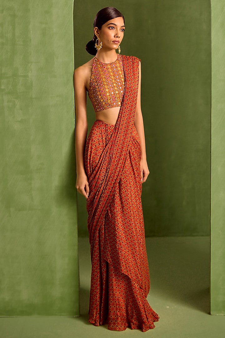 Rust Viscose Chinon Digital Printed Pre-Draped Saree Set by Neha Khullar at Pernia's Pop Up Shop