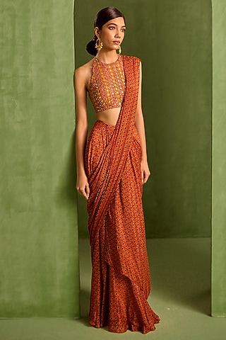 Rust Viscose Chinon Digital Printed Pre-Draped Saree Set by Neha Khullar